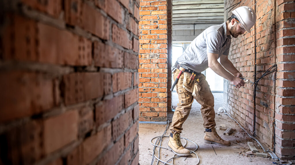 Homem com capacete, trabalhando em alvenaria, em uma obra de construção civil.