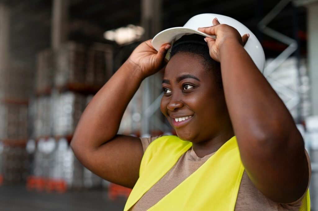 Mulher colocando capacete de obra enquanto sorri