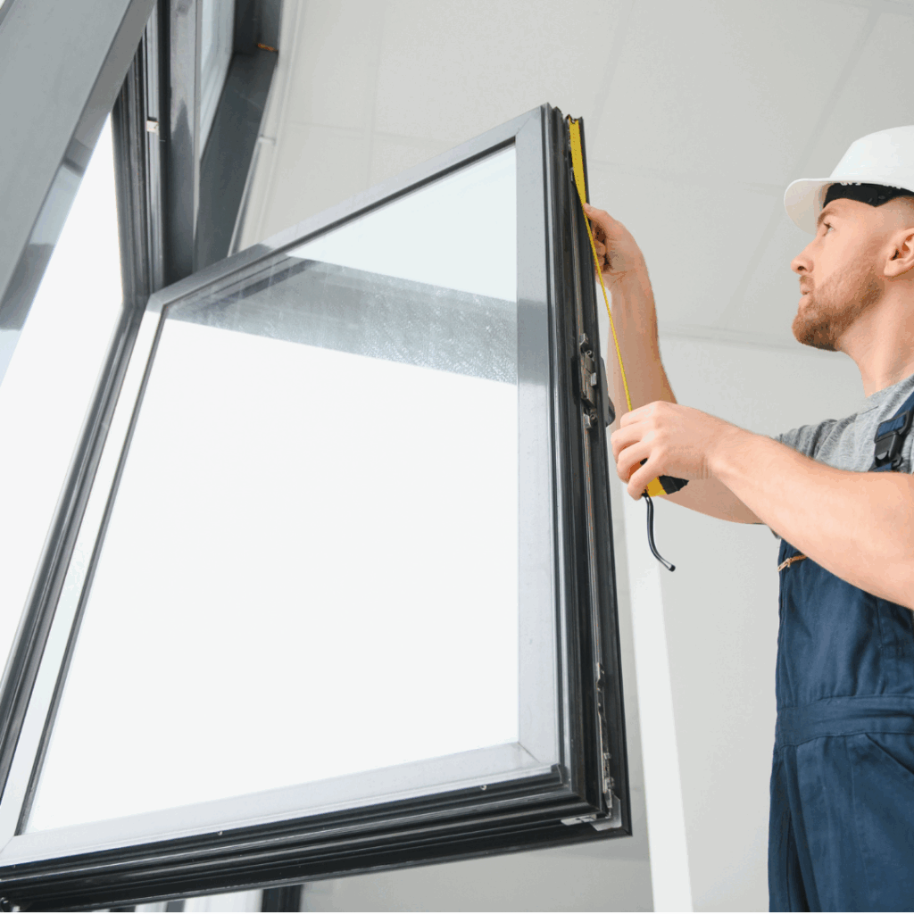 Profissional da construção civil com capacete branco e trena medindo uma janela de vidro com esquadria preta.